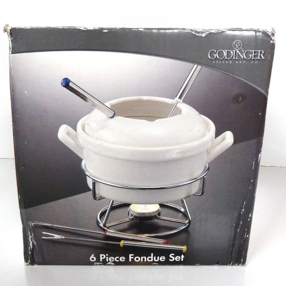 GODINGER 6 PC Cheese FONDUE Set Porcelain Casserole 4 Forks Metal Stand Oven New